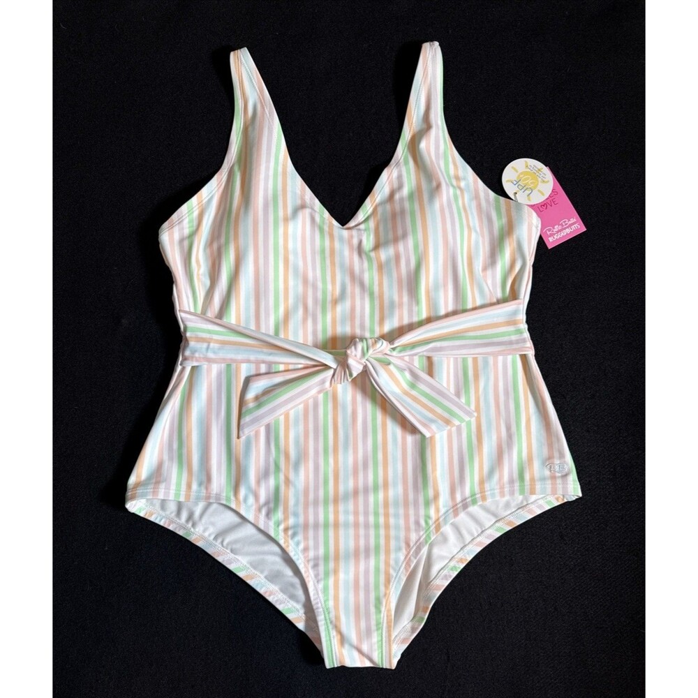 Ruffle Butts Rainbow Pastel Stripe V neck 1-Piece Swimsuit Size XL NWT Tie Waist